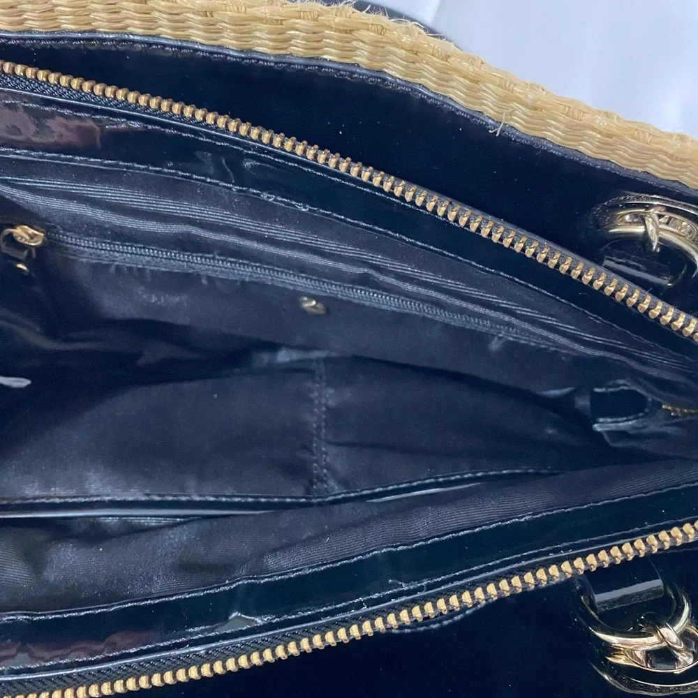 kate spade Black and Tan Striped Straw Tote with Black Bow